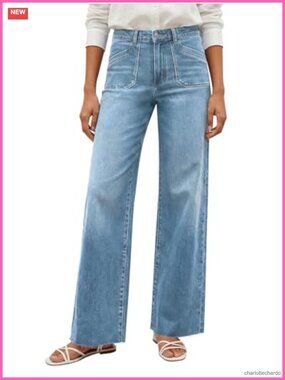 Wide Leg High Waisted Stretchy Straight Jeans Side Pockets Frayed Hem